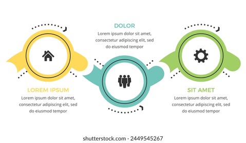 Three connected circles with icons and place for text, flat business infographic template, vector eps10 illustration