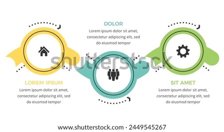 Three connected circles with icons and place for text, flat business infographic template, vector eps10 illustration