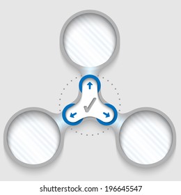 three connected circular frames for text with arrows and check box