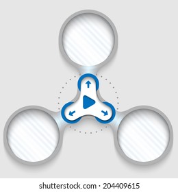 three connected circular frames for text with arrows and play symbol