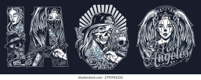 Three connected illustrations featuring skulls and characters. It reflects the urban culture of Los Angeles with artistic elements and bold lines.