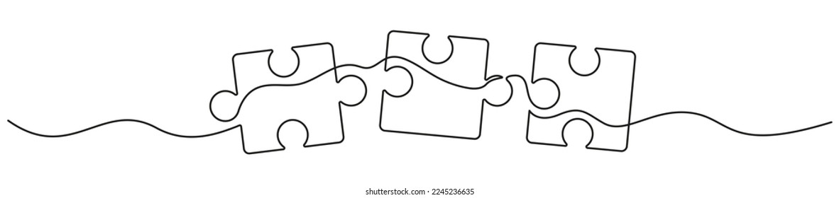Three connected puzzles line art. Jigsaw pieces continuous one line drawing. Vector isolated on white.