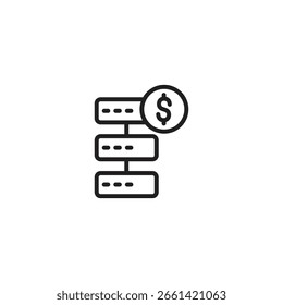 Three connected server icons with a dollar sign attached to the top one. Represents server costs, cloud computing pricing, or the financial aspect of data storage and management.