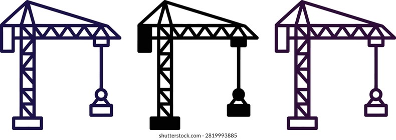 Three construction cranes lifting hooks at different heights