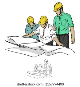 three construction engineer looking at blueprint  in construction site vector illustration sketch doodle hand drawn with black lines isolated on white background