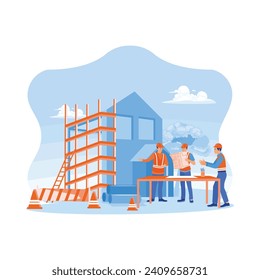 Three construction experts inspect the construction of a real estate project. Civil engineers, architects, business investors and general staff are discussing details of building plans. 