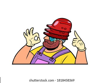 Three construction helmet on the head, protection. Triple protection. Comics caricature illustration drawing