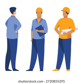 Tres trabajadores de la construcción con cascos y ropa de trabajo