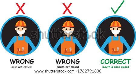 three construction workers showed how to wear protective masks properly. The first and the second are wrong. The third is the correct way to avoid air pollution or avoid viruses or disease.