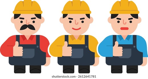 Three construction workers wearing hard hats and overalls stand side by side, giving thumbs up, exuding a positive and collaborative atmosphere in a minimal vector design.