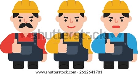 Three construction workers wearing hard hats and overalls stand side by side, giving thumbs up, exuding a positive and collaborative atmosphere in a minimal vector design.