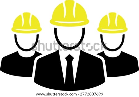 Three construction workers wearing yellow hard hats and formal suits icon