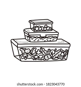 Three containers of healthy food. Billets from home with you to work. Meal prep. Linear doodle style. Weight loss and nutrition concept. All elements are isolated on a white background. Vector.