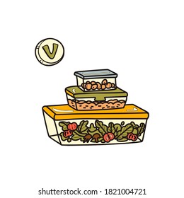 Three containers of healthy food and a Done sign. Prepare food from home with you to work. Linear doodle style. Isolated. Weight loss and nutrition concept. on a white background. Vector.