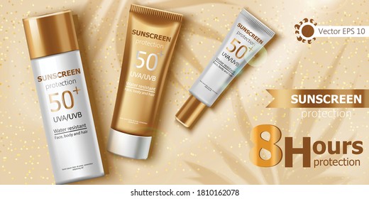 Three containers with water resistant sunscreen laying on beige glitter. Eight hours of UVA and UVB protection. 3D Mockup with product placement. Vector