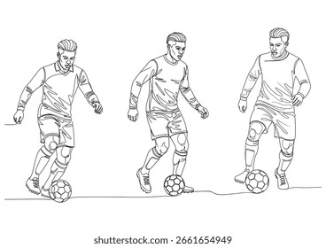 Three continuous line illustrations of soccer players in action.