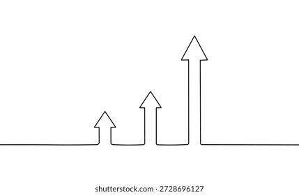 Tres flechas ascendentes de línea continua que muestran el progreso del crecimiento y la estrategia de concepto de negocio de desarrollo