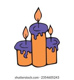 Three contour candles in doodle style on a white isolated background. Candles for Halloween. Vector illustration