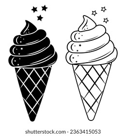 Drei Konturen, stylisierte weiche, gefrorene Waffeln mit Waffelhorn auf weißem Hintergrund.