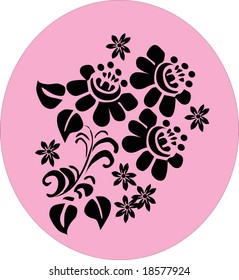 three conventionalized black flowers on pink