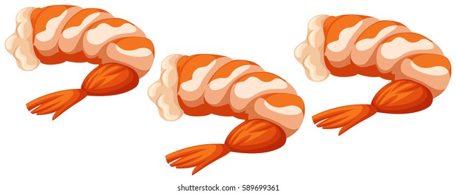 Tres gambas cocidas en la ilustración de fondo blanco