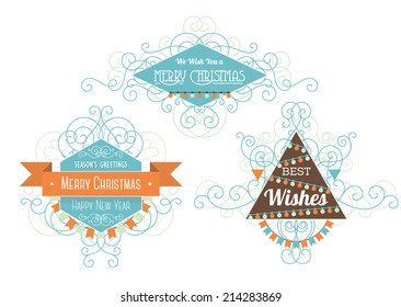 Three cool geometric Christmas decor elements with the Christmas greetings. Frames with a mess of flourish swirls around them.  Vector image.