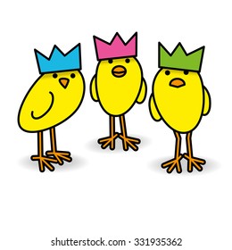 Three Cool Yellow Chicks wearing Party Hats Staring towards camera on White Background