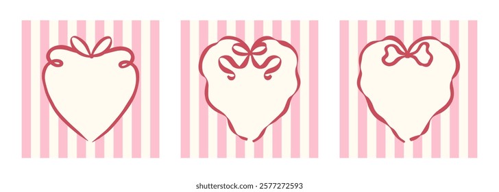 Three coquette aesthetic heart frame with bow, ribbons and striped background. Hand drawn girlhood design templates for Valentines day, wedding, social media, poster, cover, postcard