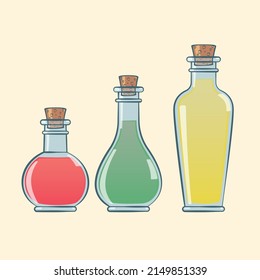 Three corked potion bottles. Vector design.