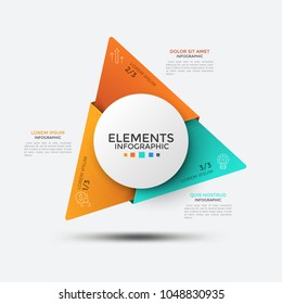Three corners with thin line icons inside placed around circular element in center. Concept of triangular diagram with 3 options. Infographic design template. Vector illustration for presentation.