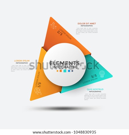 Three corners with thin line icons inside placed around circular element in center. Concept of triangular diagram with 3 options. Infographic design template. Vector illustration for presentation.