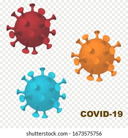 Three coronavirus COVID-19 viruses on a transparent backgroung. Novel coronavirus Covid-19 outbreak. Editable vector illustration for your design.