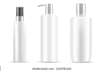 Three cosmetic bottles set in white color. Clean design easy to use. Different type of Jars with silver plastic caps. Dispenser pump, spray lids. Eps vector easy to modify color and put your label