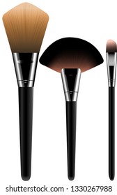 Three cosmetic brushes for applying makeup