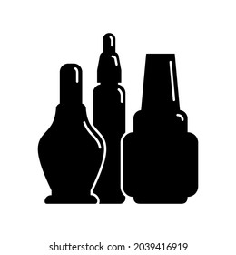 Three cosmetic container nail polish gel oil in row. Female makeup product. Plastic or glass bottle. Fashion and style. Black silhouette. Isolated object. Vector illustration isolated white background