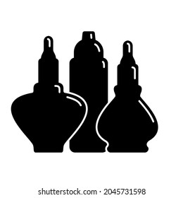 Three cosmetic container nail polish gel oil in row. Female makeup product. Plastic or glass bottle. Fashion and style. Black silhouette. Isolated object. Illustration isolated white background.