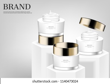 Three cosmetic cream on white stands with gray background Three cosmetic cream on white stands with gray background