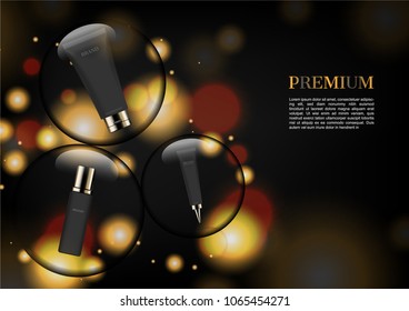 Three cosmetic products floating with bubbles on glowing light ball background