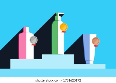 Three cosmetic products are placed on the podium and marked with gold, silver and bronze award medals. Concept of review, testing and evaluation of cosmetics, user reviews, client feedback and ratings
