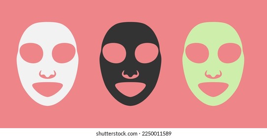 Three cosmetology masks with cut-out holes for eyes, nose and mouth in different colors white, black and green, vector isolated on pink background.