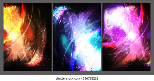 Three cosmic background with warm and cold tones. Universe. Nebulae, stars, galaxies. Abstract glowing background. It can be used for business cards, postcards, wallpapers, or your design.