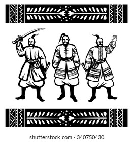 Three Cossack with weapons in embroidered ethnic clothing on the background of the ornament