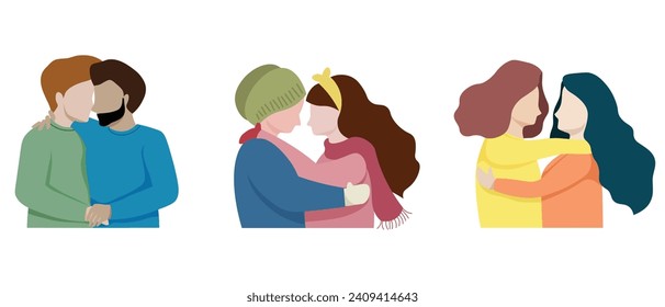 Three couples of beautiful relationship of straight gender,gay,and lesbian expressing love to each other on white background. Vector illustration for Valetine's day concept