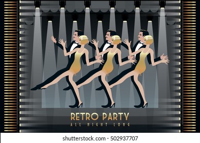 Three Couples Dancing The Charleston On The Dancefloor. Retro Party Invitation Design Template. Vector Illustration.