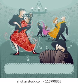 three couples dancing to the music of an accordion player in a beautiful ballroom