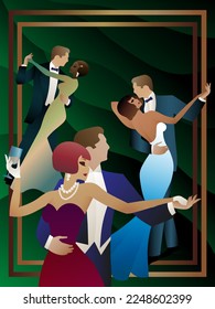 tres parejas por la noche con sus vestidos de fondo verde, póster, bola, estilo, arte deco