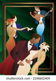 three couples in evening gowns dancing on a green background, poster, ball, style, art deco