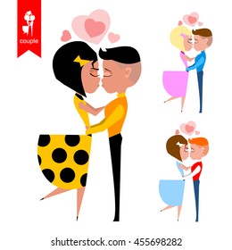 three couples. girl and guy are kissing. Valentine's Day. flat illustration. vector