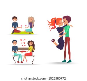 Three couples in love on valentines day on white background. Loving girls and boys cuddling, holds glasses with wine and red present with small hearts