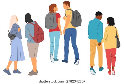 Three couples of men and women, walking and standing people, from behind, profile, different colors, cartoon character, silhouettes with backpacks, different clothes, flat design concept, isolated on white background